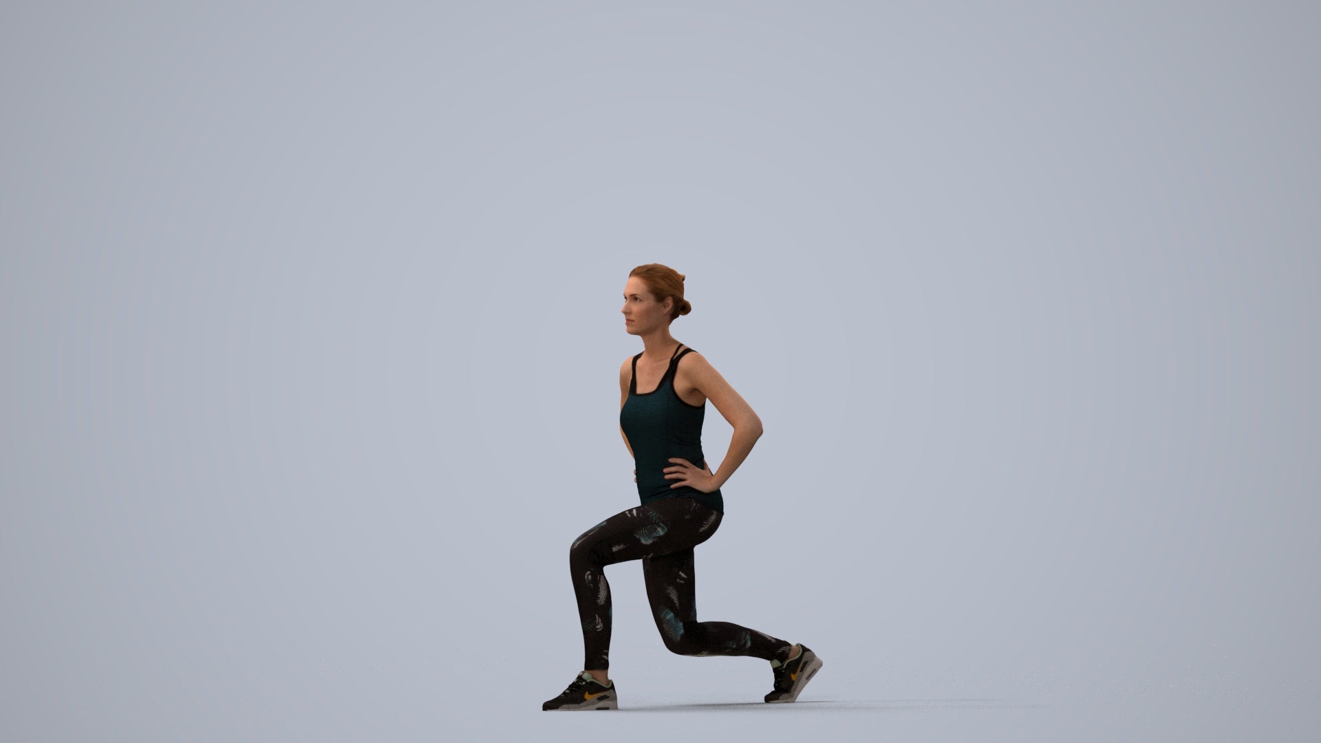3D human model woman sport standing, photogrammetry scanned person for archviz, three-quarter view render