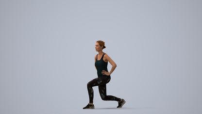 3D human model woman sport standing, photogrammetry scanned person for archviz, three-quarter view render