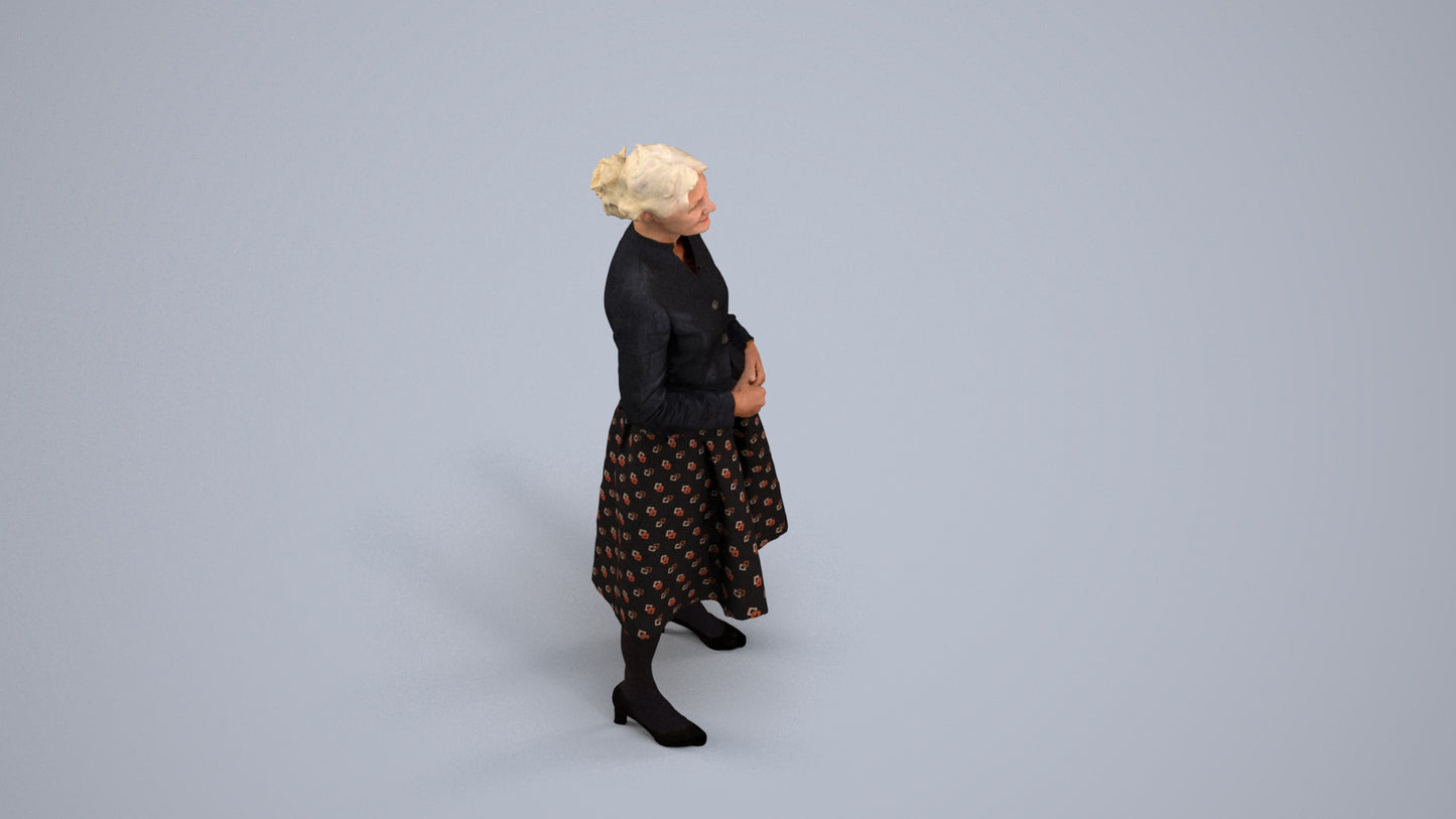realistic 3D senior woman business standing, scanned archviz people for Blender and 3ds Max, back view render