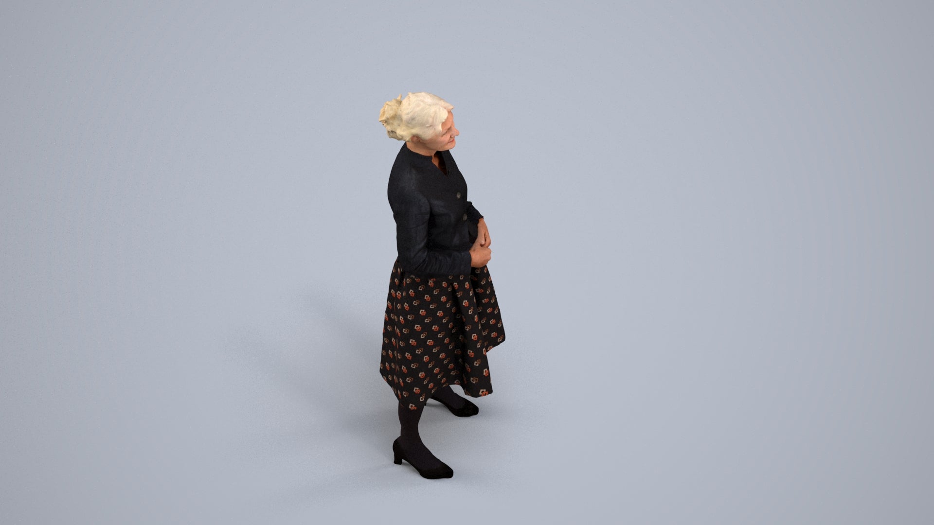 realistic 3D senior woman business standing, scanned archviz people for Blender and 3ds Max, back view render