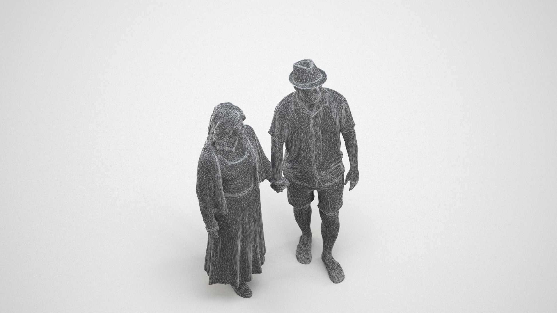 realistic 3D human woman couple, archviz people FBX OBJ for Blender, wireframe three-quarter view