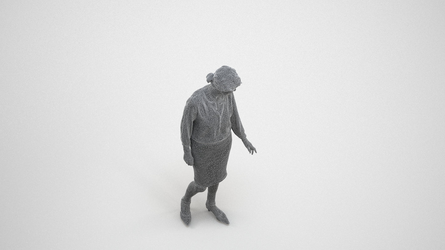 3D human model senior woman business standing, photogrammetry scanned person for archviz, wireframe three-quarter view