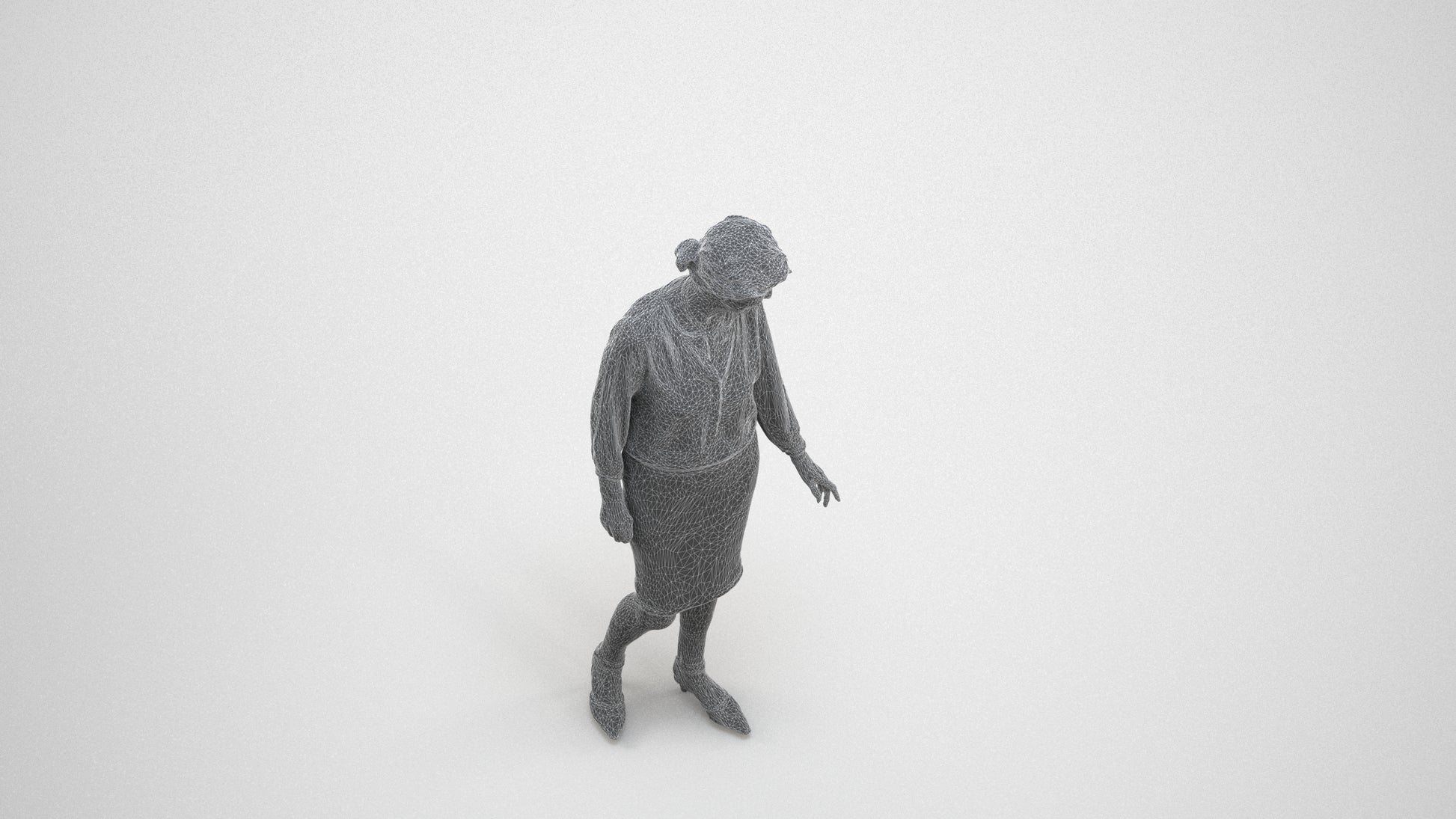 3D human model senior woman business standing, photogrammetry scanned person for archviz, wireframe three-quarter view