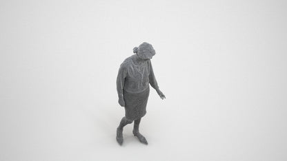 3D human model senior woman business standing, photogrammetry scanned person for archviz, wireframe three-quarter view