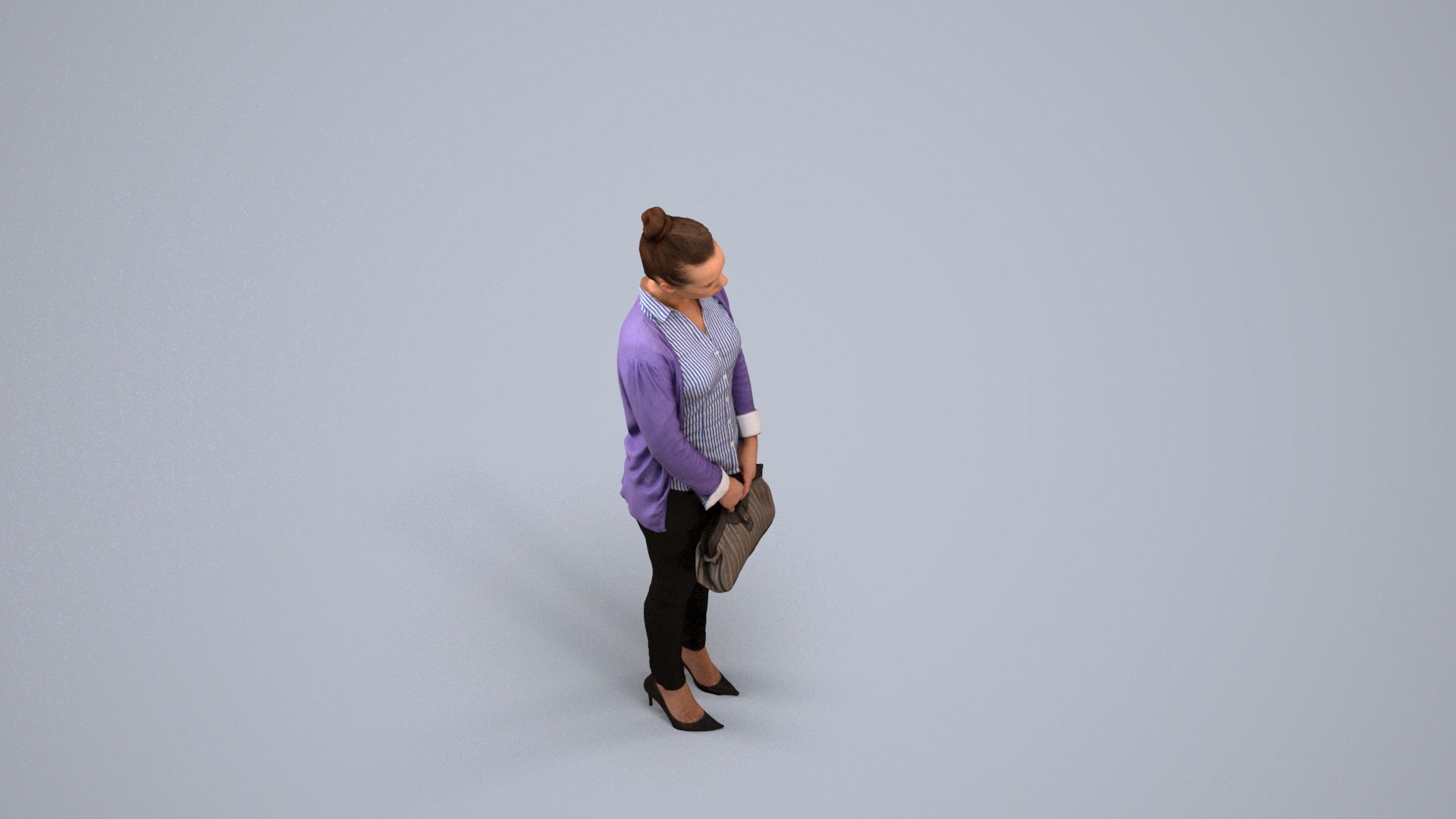 3D human model woman business standing, photogrammetry scanned person for archviz, back view render