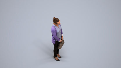 3D human model woman business standing, photogrammetry scanned person for archviz, back view render