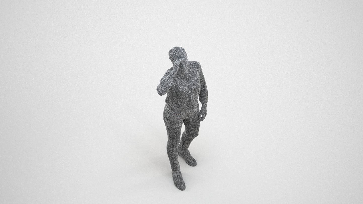 3D scanned woman standing casual, photorealistic archviz people for Enscape and SketchUp, wireframe three-quarter view