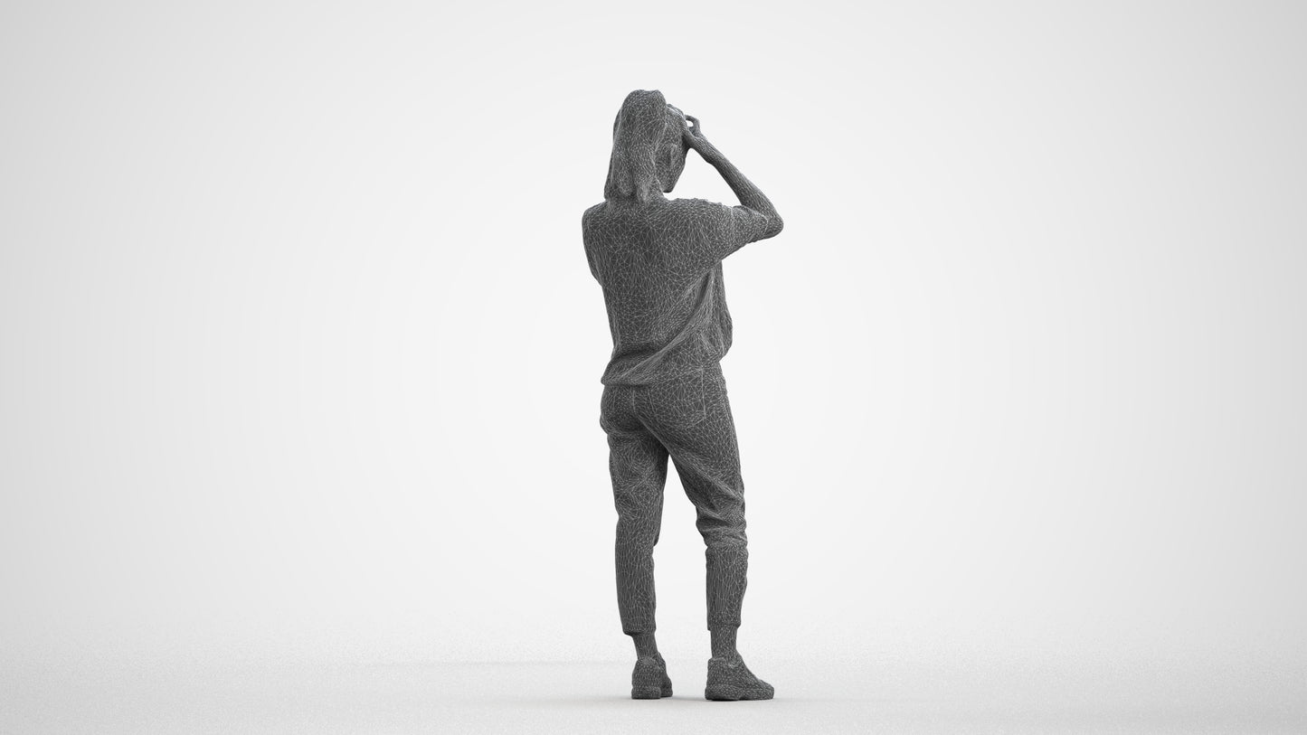 3D scanned woman standing casual, photorealistic archviz people for Enscape and SketchUp, wireframe front view