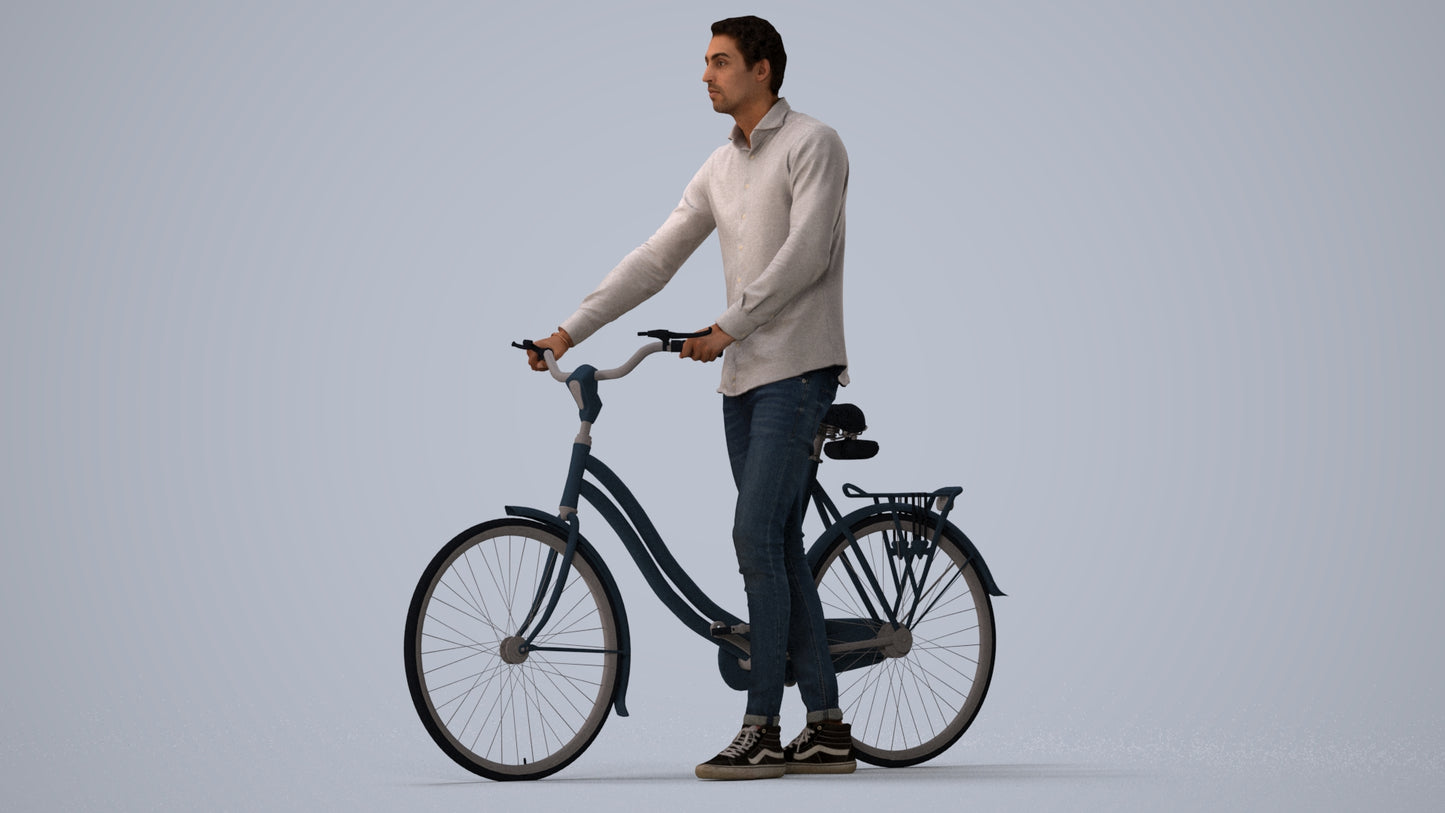 realistic 3D people man casual cycling, render-ready for V-Ray and Corona, FBX OBJ, three-quarter view render