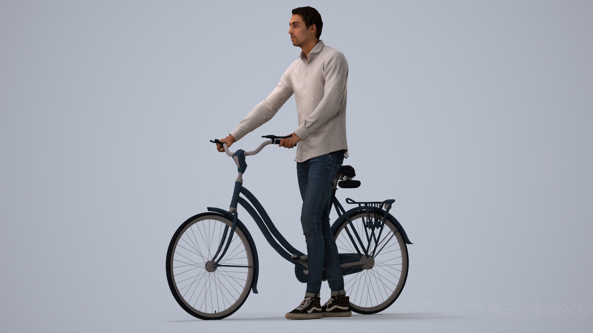 realistic 3D people man casual cycling, render-ready for V-Ray and Corona, FBX OBJ, three-quarter view render