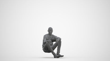 3D scanned man sitting casual, photorealistic archviz people for Enscape and SketchUp, three-quarter front view render