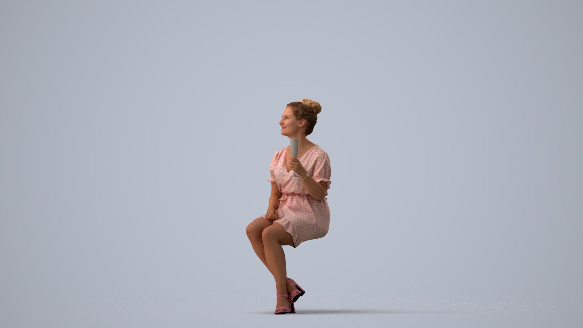 scanned 3D woman casual sitting, photogrammetry people for Enscape and V-Ray, three-quarter view render