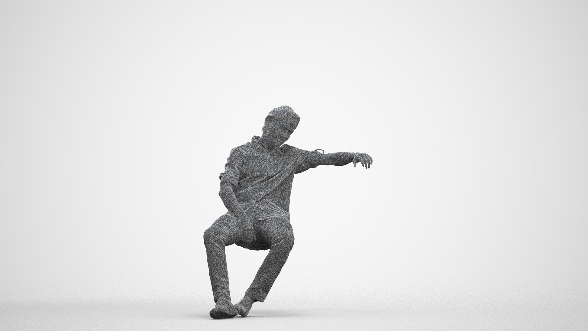 3D human model man casual sitting, photogrammetry scanned person for archviz, three-quarter front view render