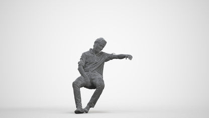 3D human model man casual sitting, photogrammetry scanned person for archviz, three-quarter front view render