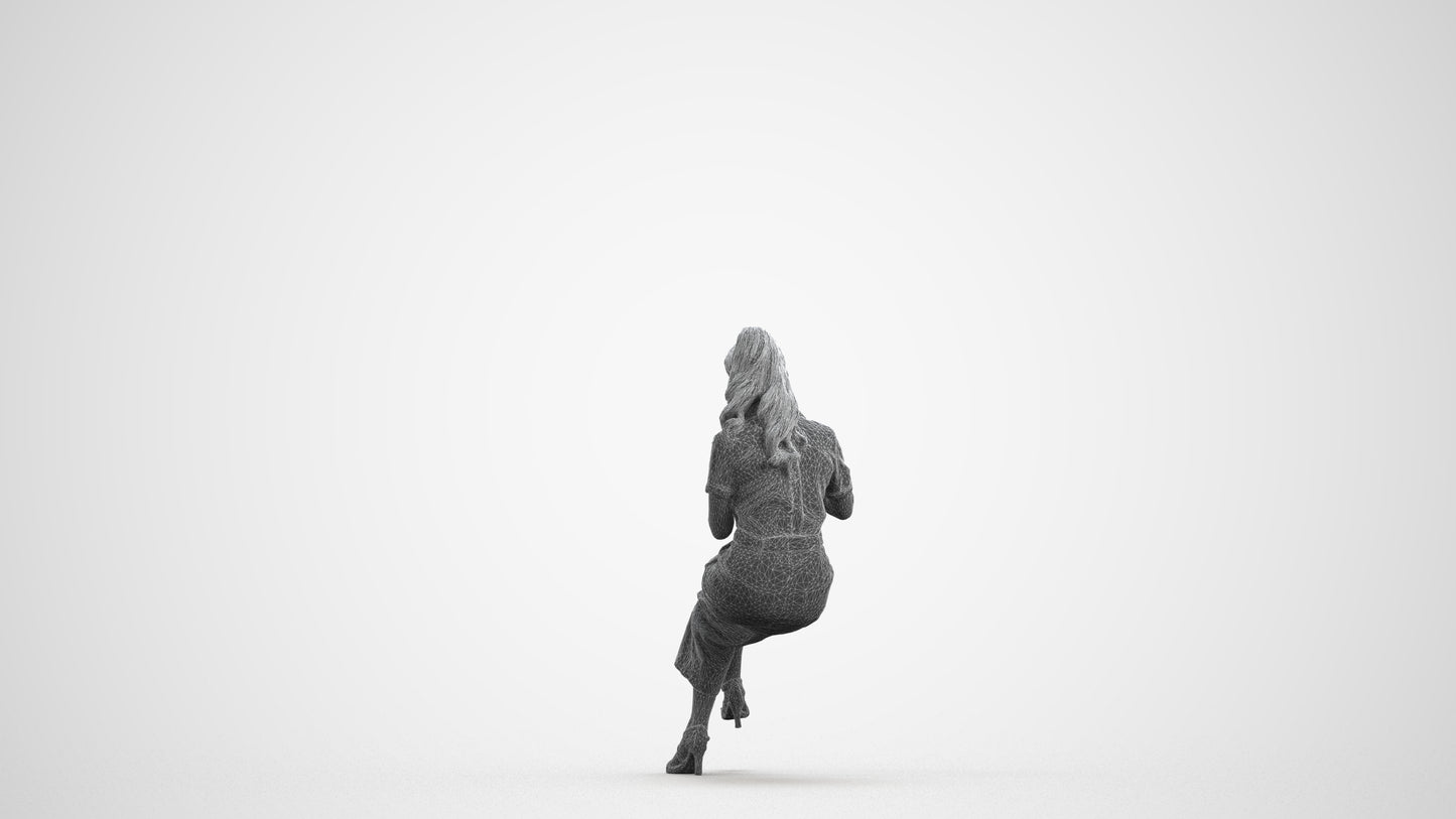 3D scanned woman sitting casual, photorealistic archviz people for Enscape and SketchUp, wireframe front view