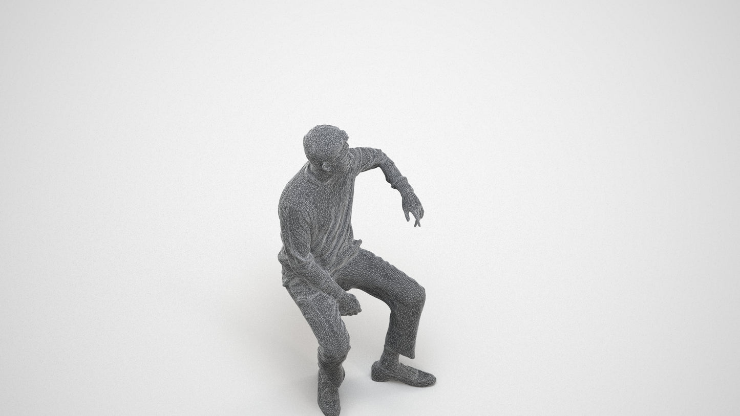 photogrammetry 3D man casual sitting, realistic human model archviz FBX, wireframe three-quarter view