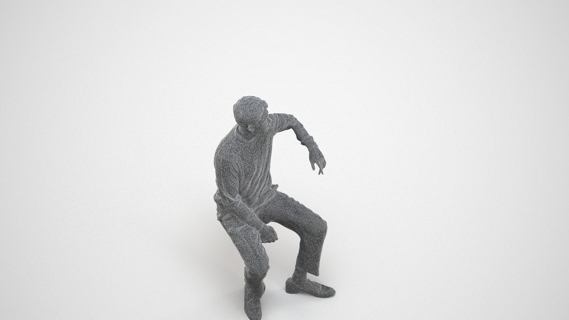 photogrammetry 3D man casual sitting, realistic human model archviz FBX, wireframe three-quarter view