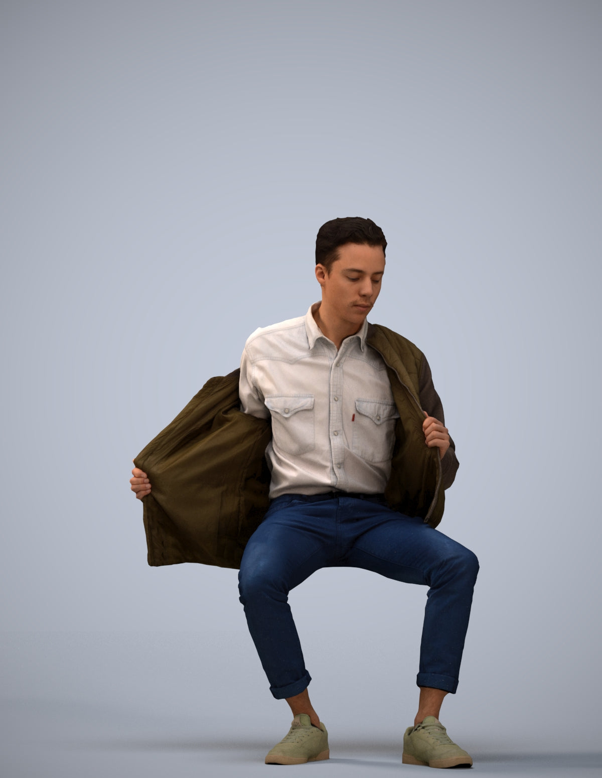 realistic 3D man casual sitting, scanned archviz people for Blender and 3ds Max