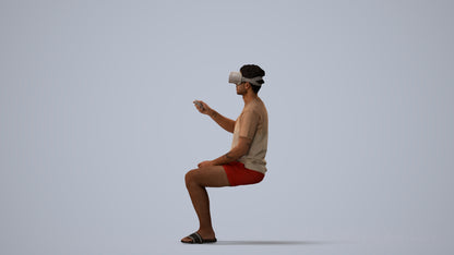 3D human model man casual sitting, photogrammetry scanned person for archviz, three-quarter view render