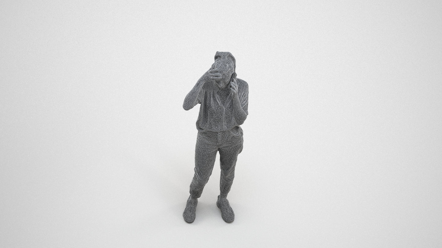 3D scanned woman standing casual, photorealistic archviz people for Enscape and SketchUp, wireframe three-quarter view