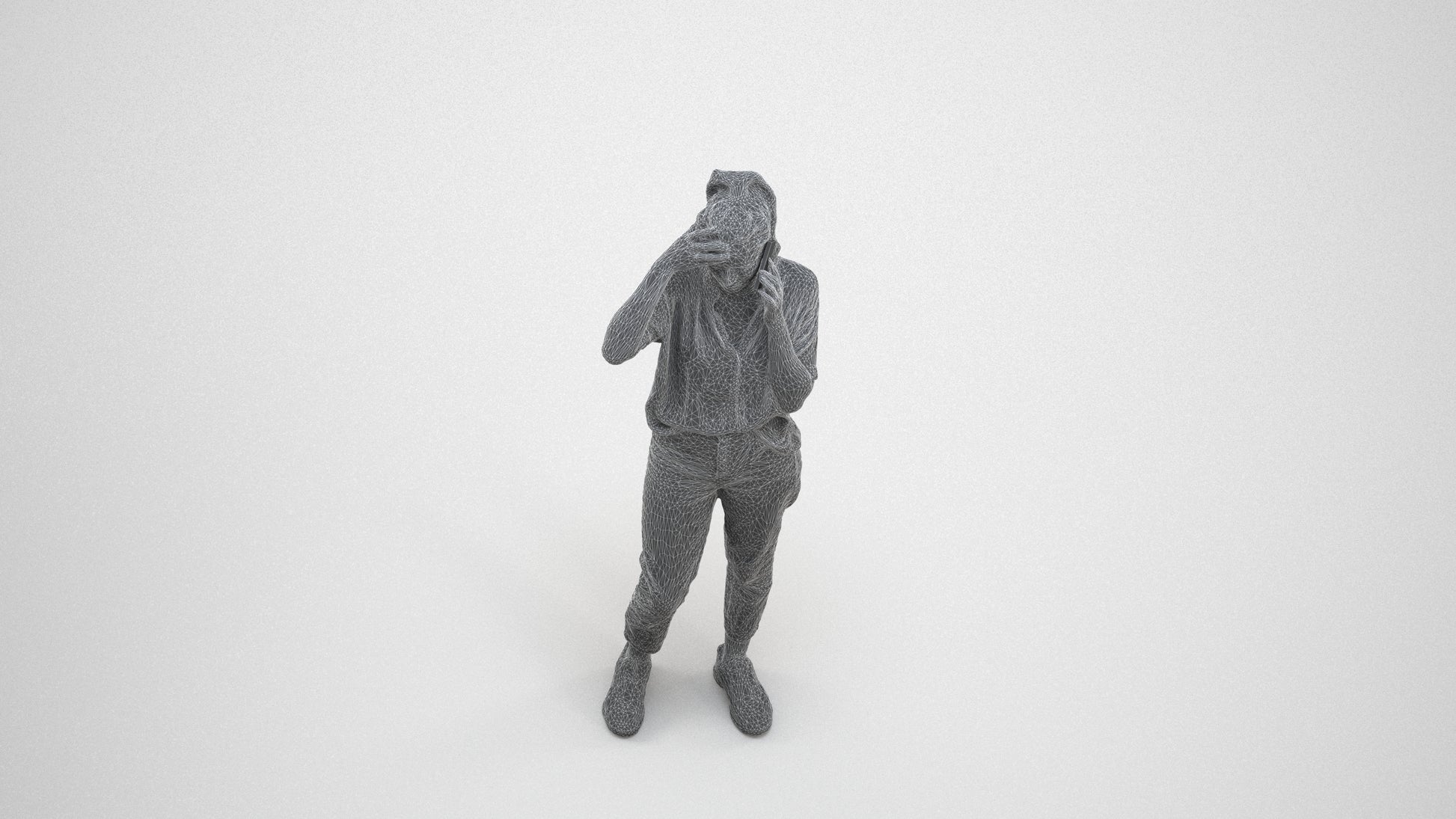 3D scanned woman standing casual, photorealistic archviz people for Enscape and SketchUp, wireframe three-quarter view