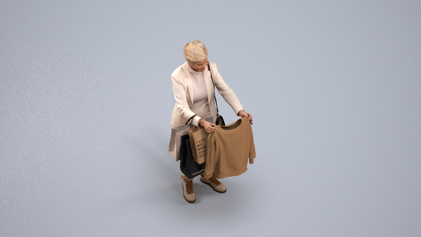 photogrammetry 3D senior woman business shopping, realistic human model archviz FBX, back view render