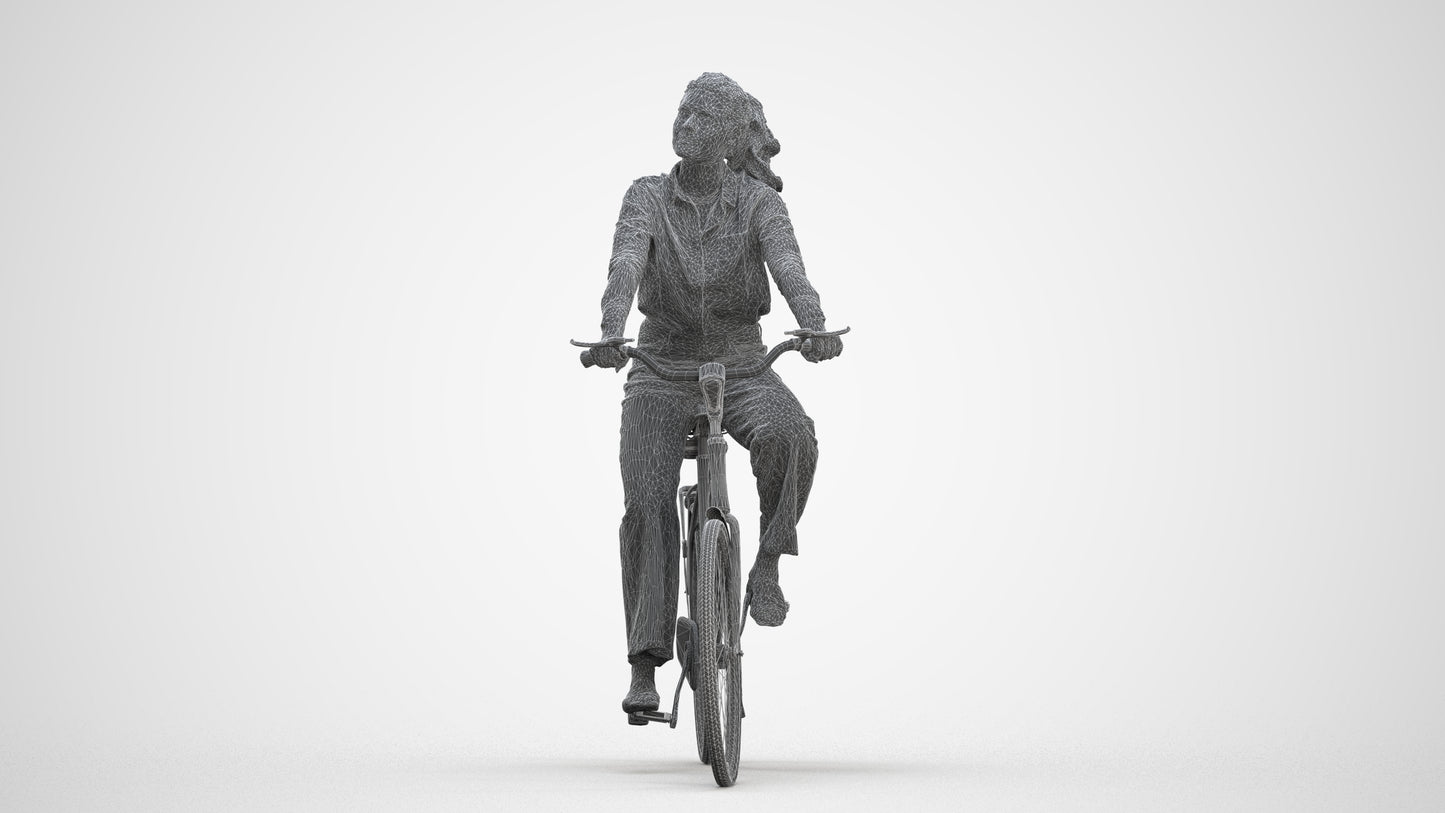 3D scanned woman cycling casual, photorealistic archviz people for Enscape and SketchUp, three-quarter front view render