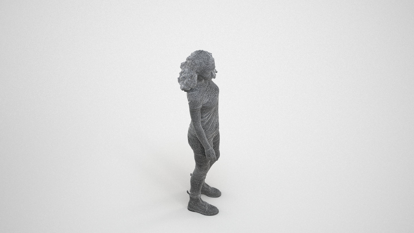 realistic 3D human woman casual standing, archviz people FBX OBJ for Blender, wireframe three-quarter view
