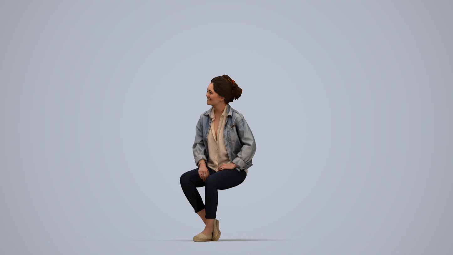 photogrammetry 3D woman casual sitting, realistic human model archviz FBX, top-down view render
