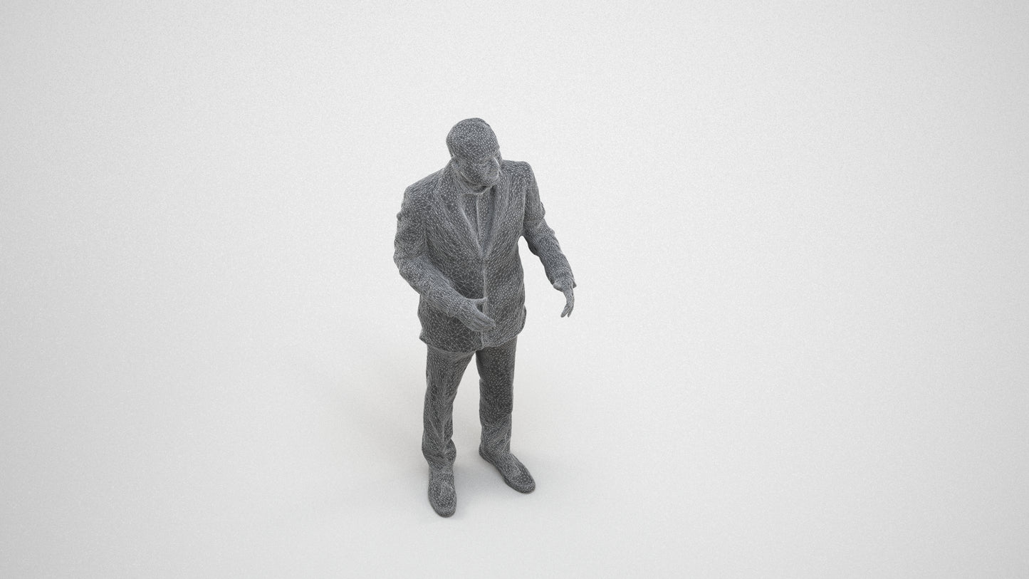 3D scanned man standing formal, photorealistic archviz people for Enscape and SketchUp, wireframe three-quarter view