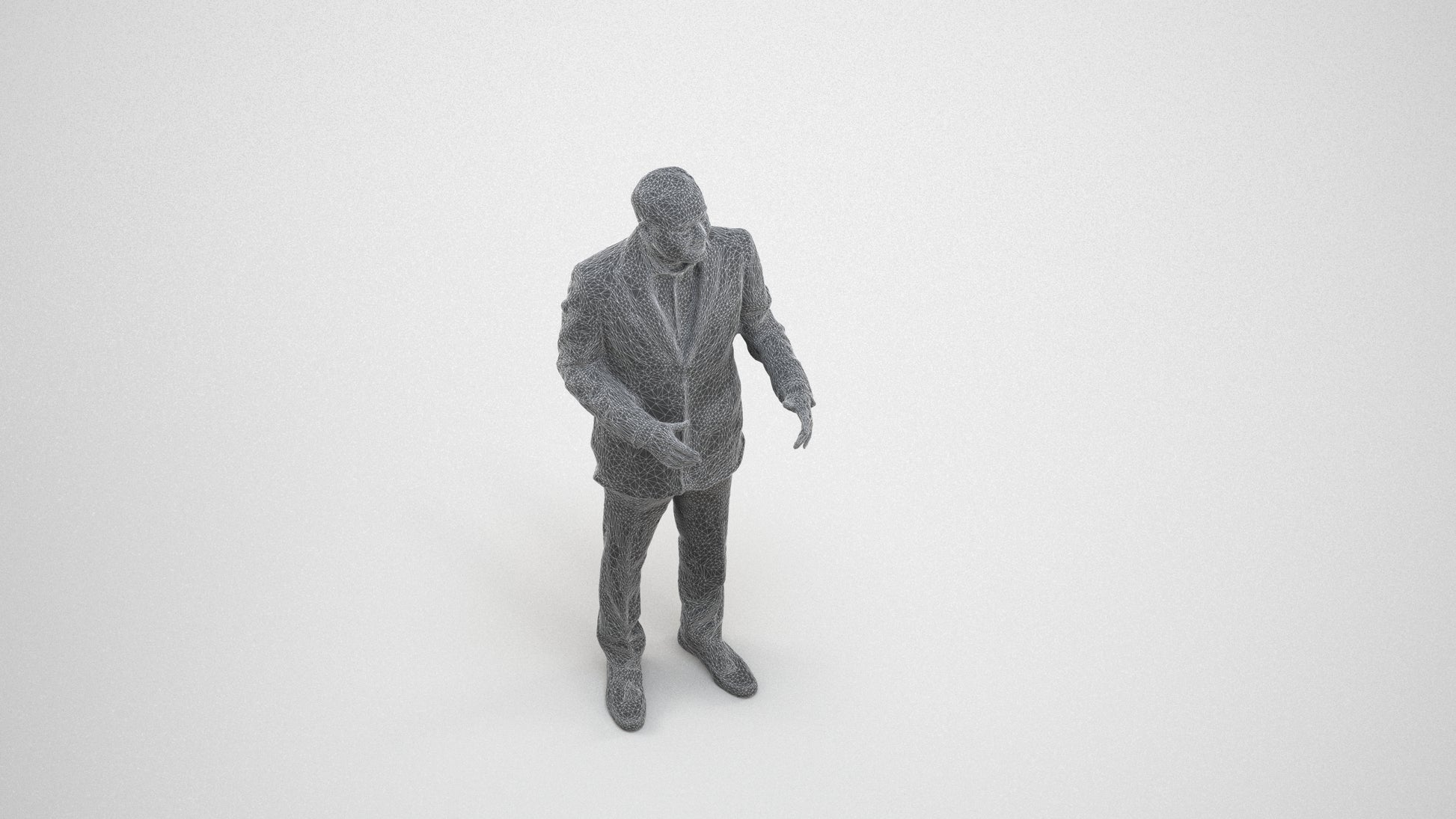 3D scanned man standing formal, photorealistic archviz people for Enscape and SketchUp, wireframe three-quarter view