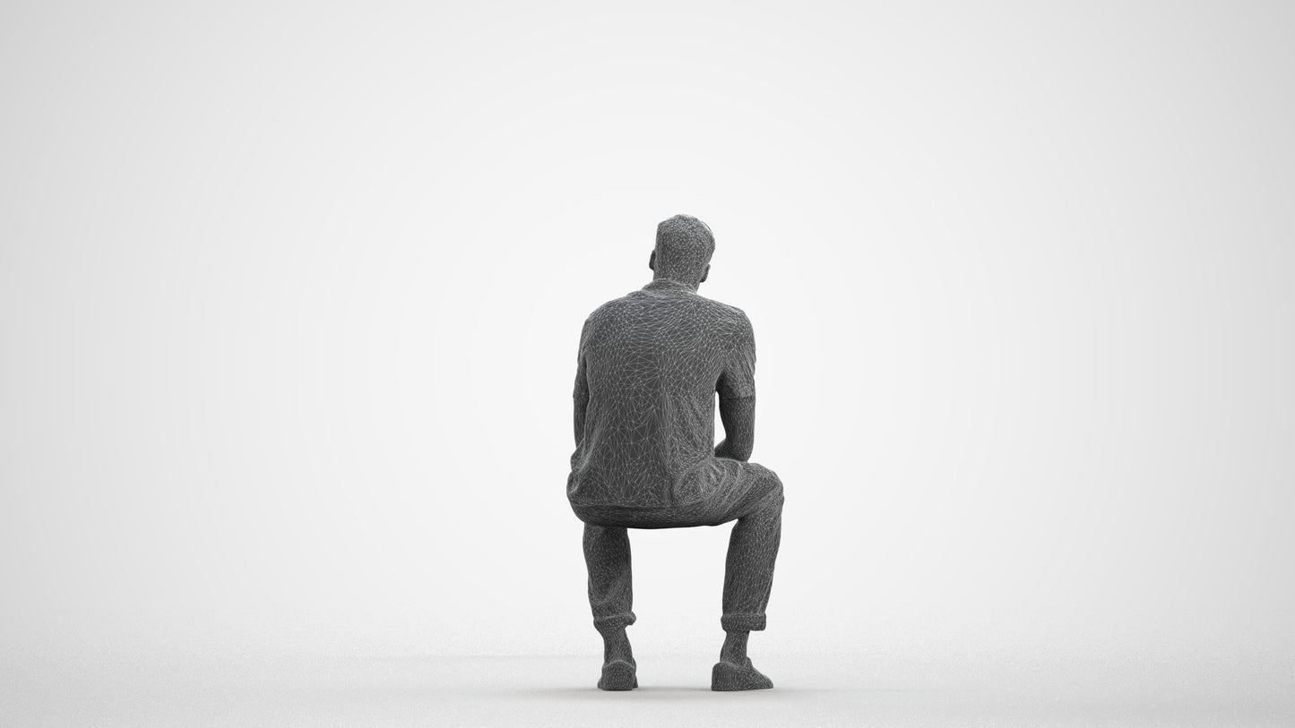 3D scanned man sitting casual, photorealistic archviz people for Enscape and SketchUp, wireframe front view