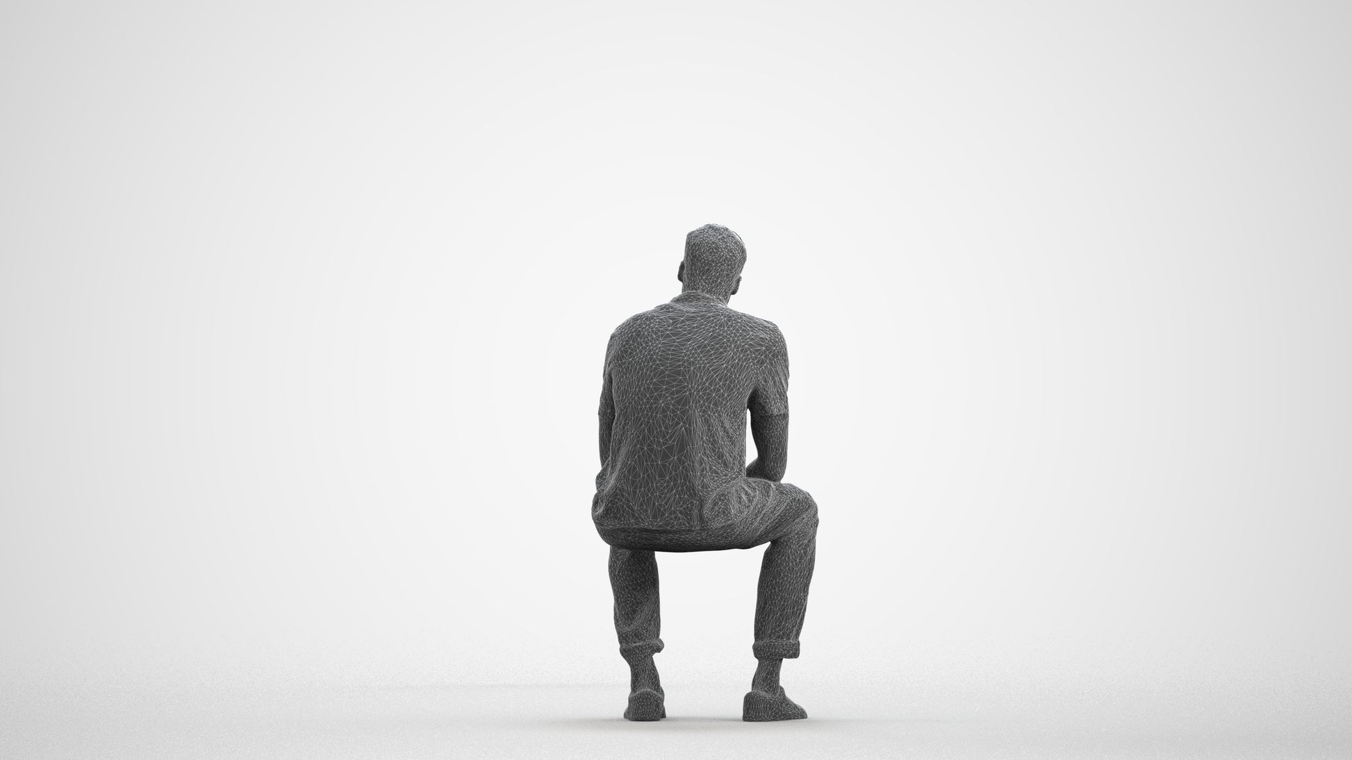 3D scanned man sitting casual, photorealistic archviz people for Enscape and SketchUp, wireframe front view