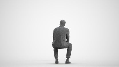 3D scanned man sitting casual, photorealistic archviz people for Enscape and SketchUp, wireframe front view
