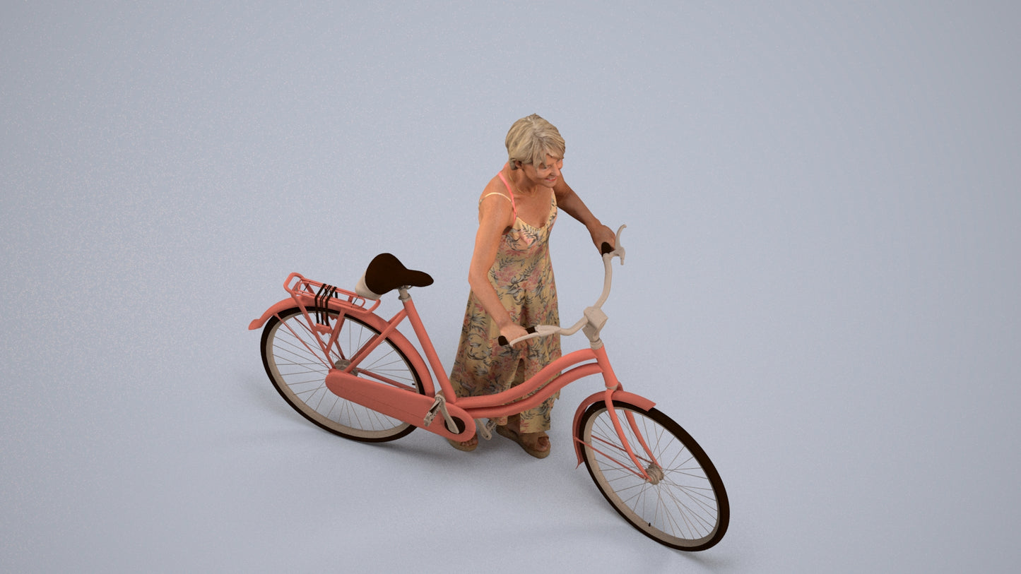 scanned 3D senior woman cycling, photogrammetry people for Enscape and V-Ray, back view render