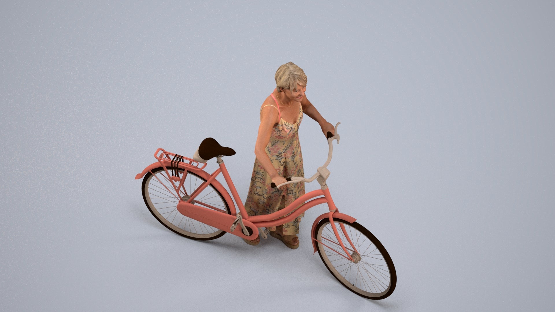 scanned 3D senior woman cycling, photogrammetry people for Enscape and V-Ray, back view render