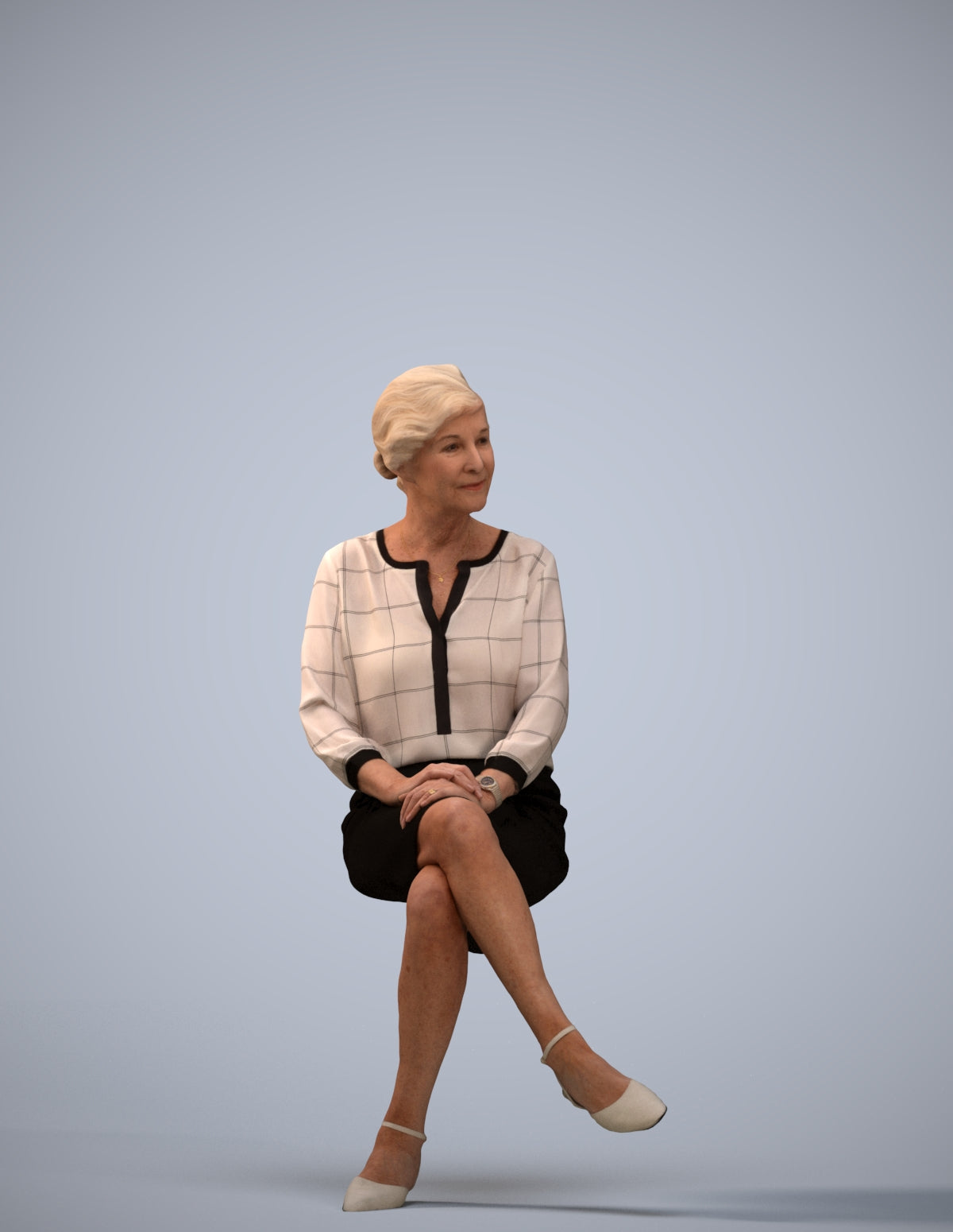 realistic 3D senior woman business sitting, scanned archviz people for Blender and 3ds Max