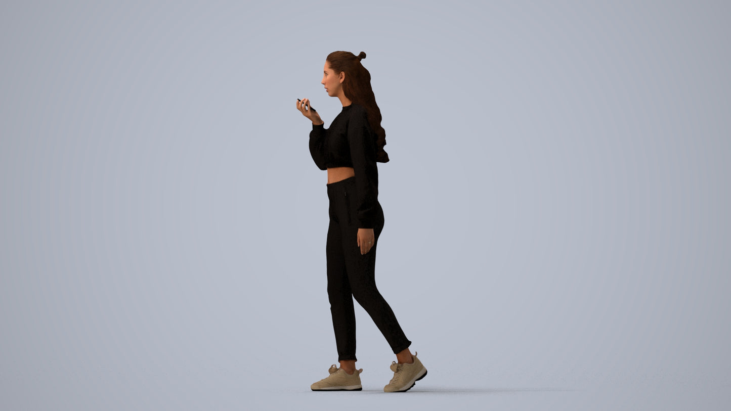 3D human model woman sport, photogrammetry scanned person for archviz, three-quarter view render