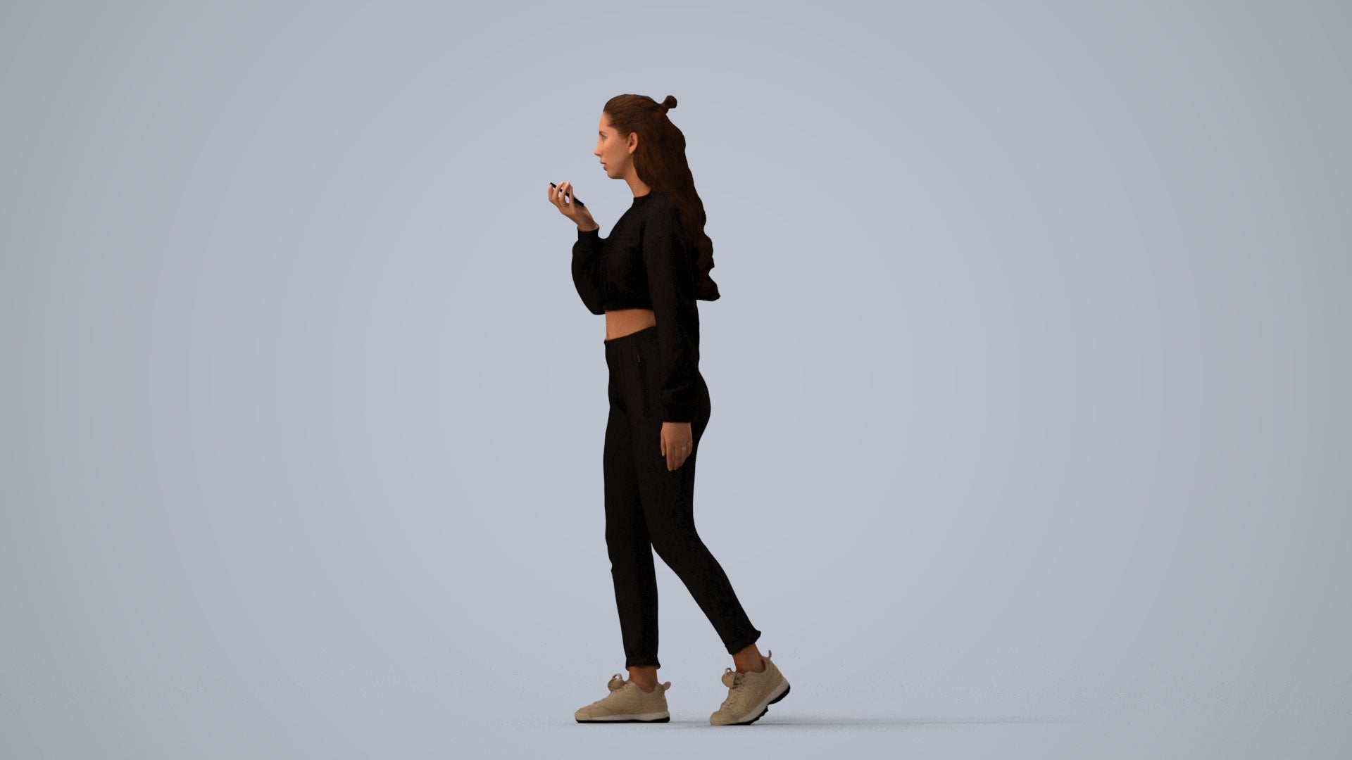 3D human model woman sport, photogrammetry scanned person for archviz, three-quarter view render