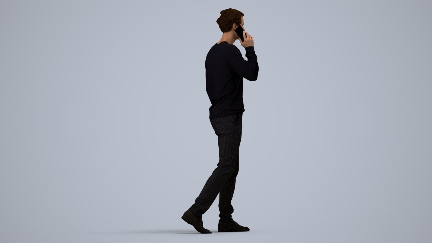 3D human model man casual walking, photogrammetry scanned person for archviz, side view render