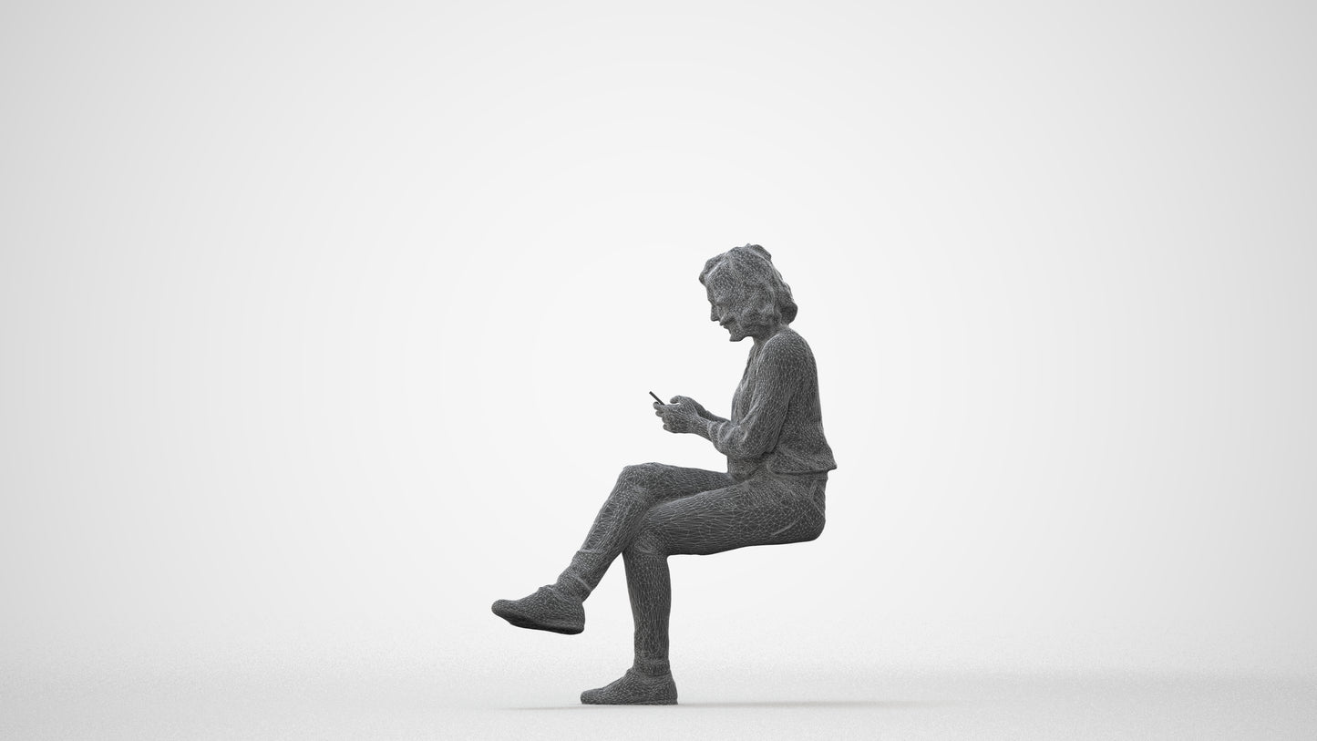 3D human model woman casual sitting, photogrammetry scanned person for archviz, square thumbnail