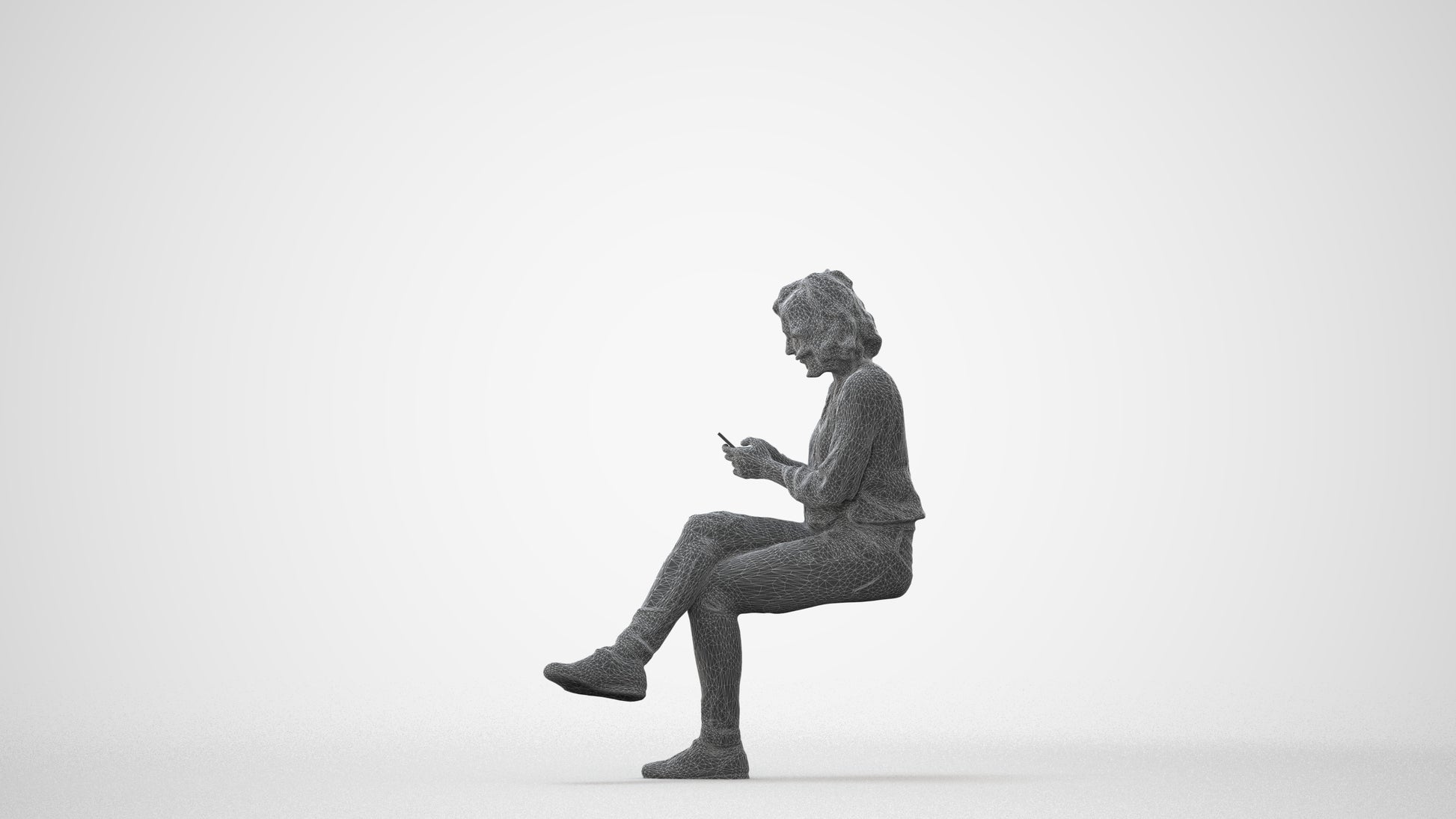 3D human model woman casual sitting, photogrammetry scanned person for archviz, square thumbnail