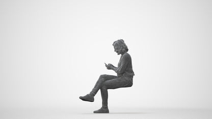 3D human model woman casual sitting, photogrammetry scanned person for archviz, square thumbnail