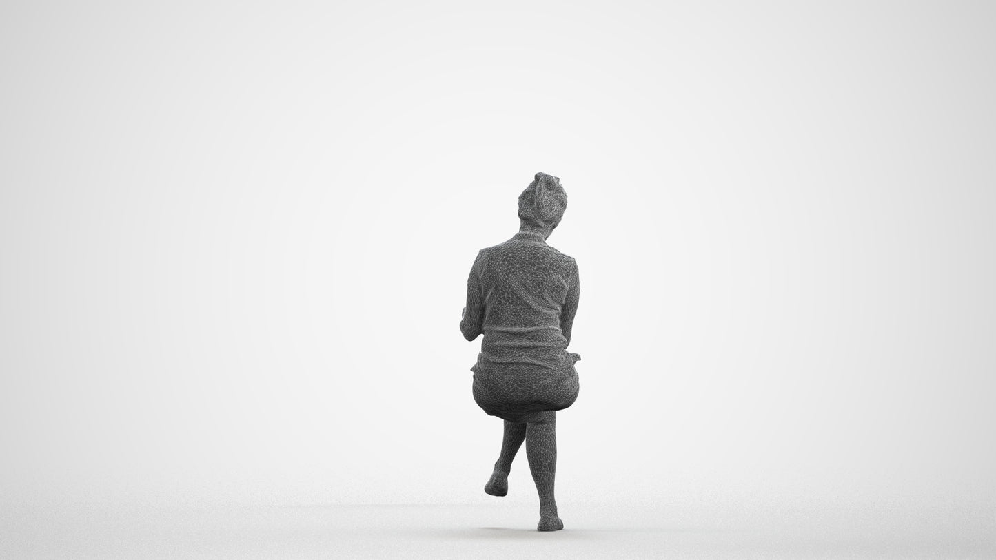 3D people model woman casual sitting, scanned human for 3ds Max rendering, wireframe front view