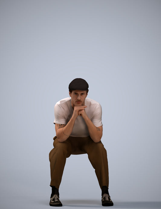 3D scanned man sitting casual, photorealistic archviz people for Enscape and SketchUp