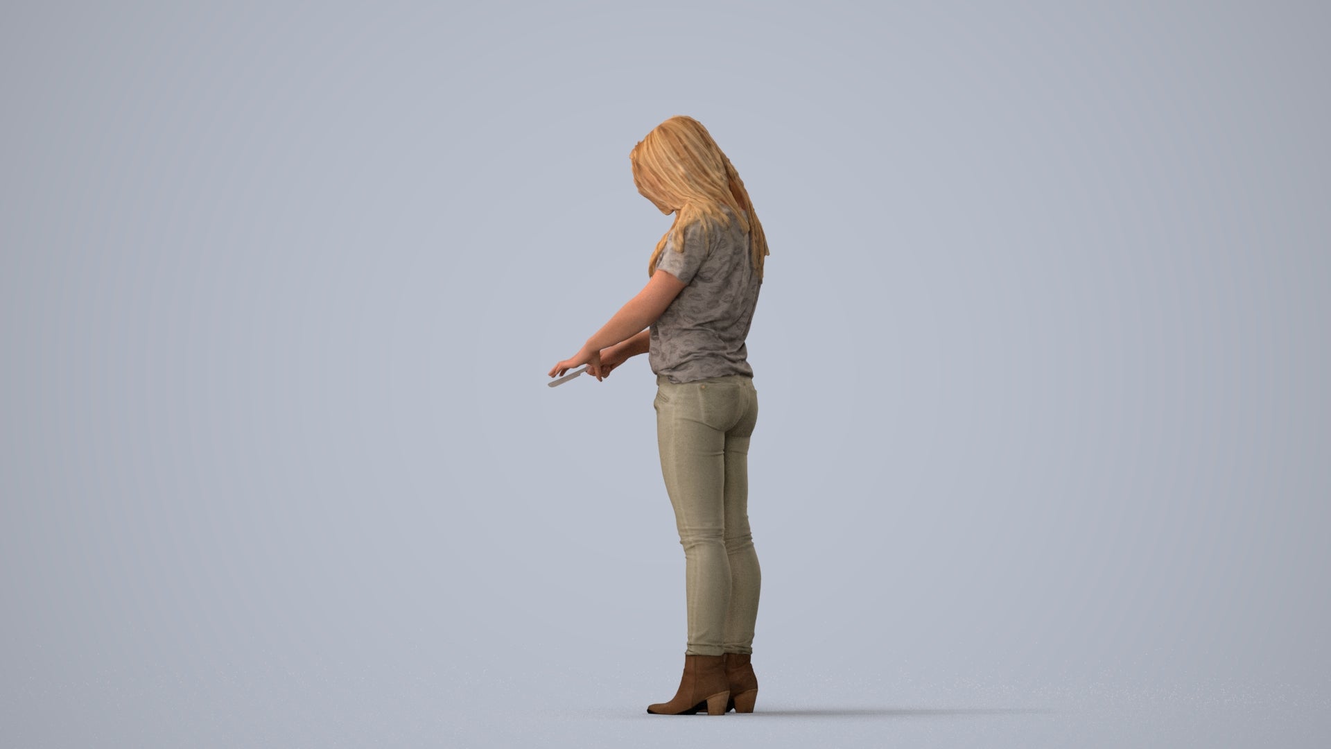3D human model woman casual standing, photogrammetry scanned person for archviz, three-quarter view render