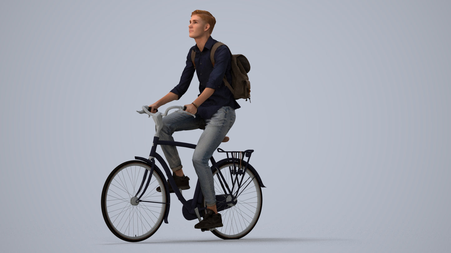 photogrammetry 3D man casual cycling, realistic human model archviz FBX, three-quarter view render