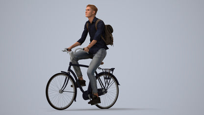 photogrammetry 3D man casual cycling, realistic human model archviz FBX, three-quarter view render