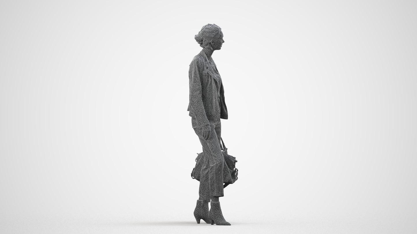 realistic 3D human woman business standing, archviz people FBX OBJ for Blender, wireframe side view