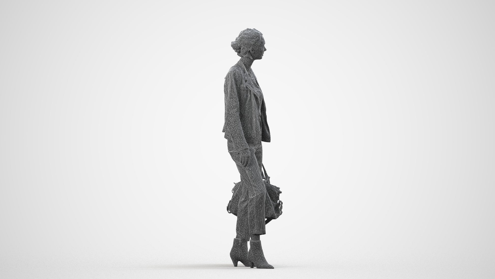 realistic 3D human woman business standing, archviz people FBX OBJ for Blender, wireframe side view